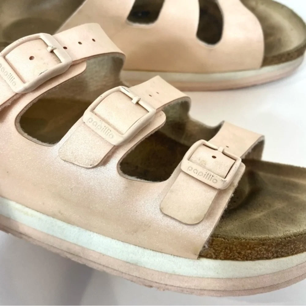 Birkenstock Papillo Metallic Pink Arizona sandals Slip On 3 Strap Leather Slides - Picture 6 of 12